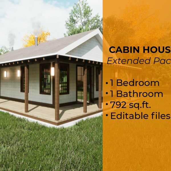 House plans 24' x 33' 792 sq.ft. + 492 sq.ft. porch|1 bedroom house|Materials list, DWG file, 3D Sketchup model included|Cabin House 4.1