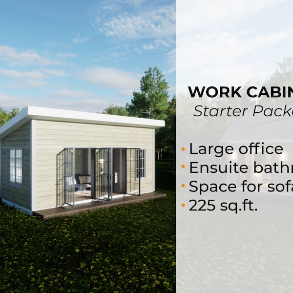 Small cabin plans 23' x 11' 225 sq.ft.|Cabin house building plans|Materials list, 3D Sketchup model included|Work Cabin 3.0 Starter pack