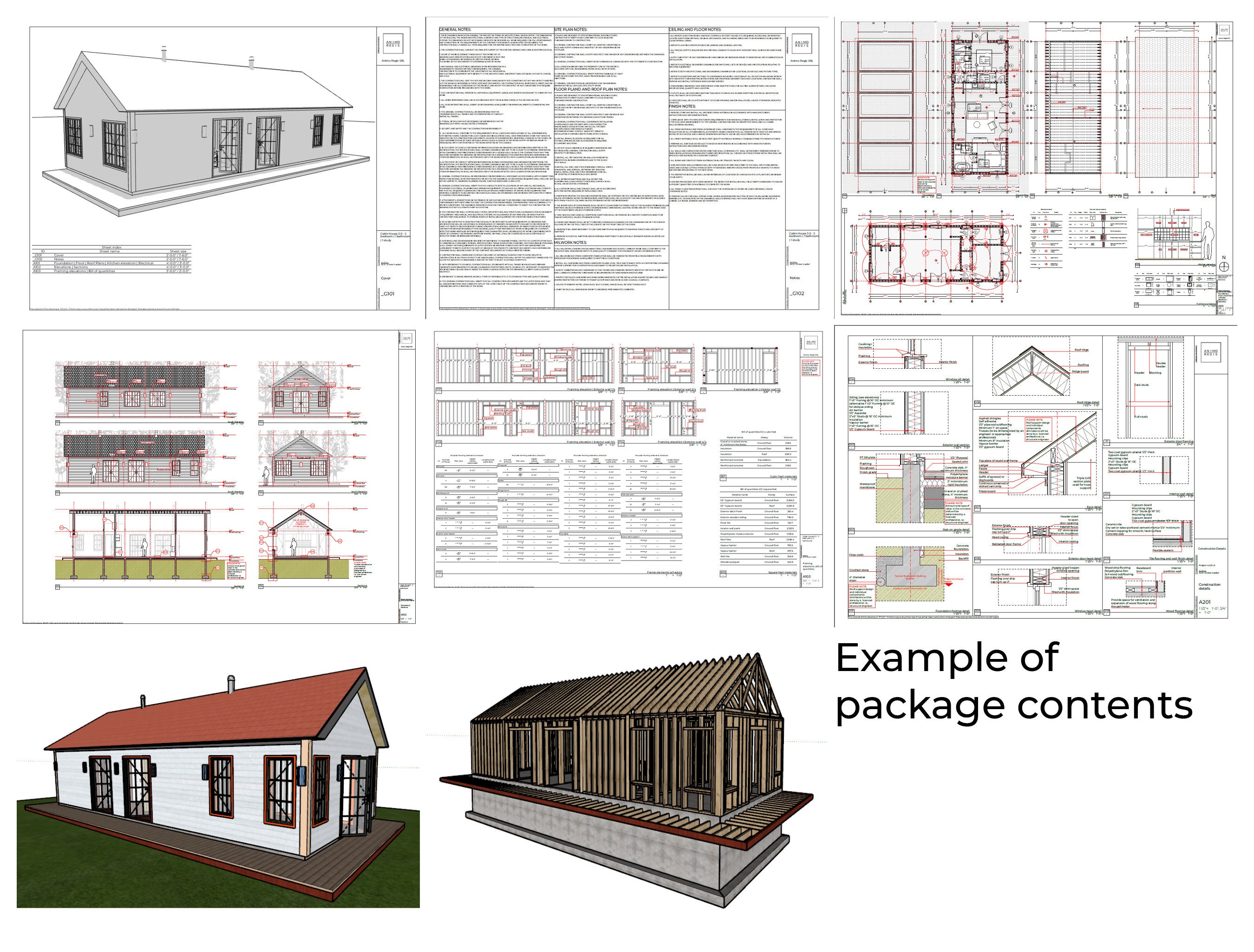 Tiny House Plans Bundle 2 and 1 Bedroom House Plans Materials List, DWG
