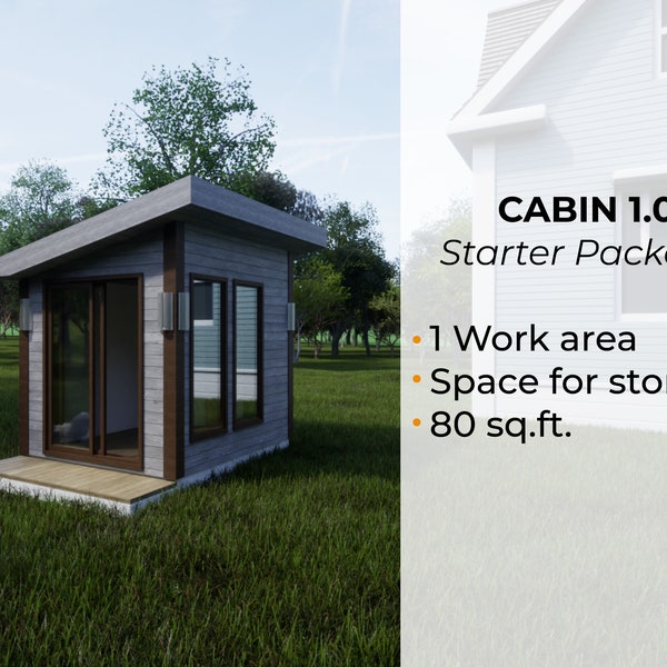 Cabin plans 10' x 8' 80 sq.ft.|Cabin house building plans| Materials list, 3D Sketchup model included|Cabin 1.0 Starter pack