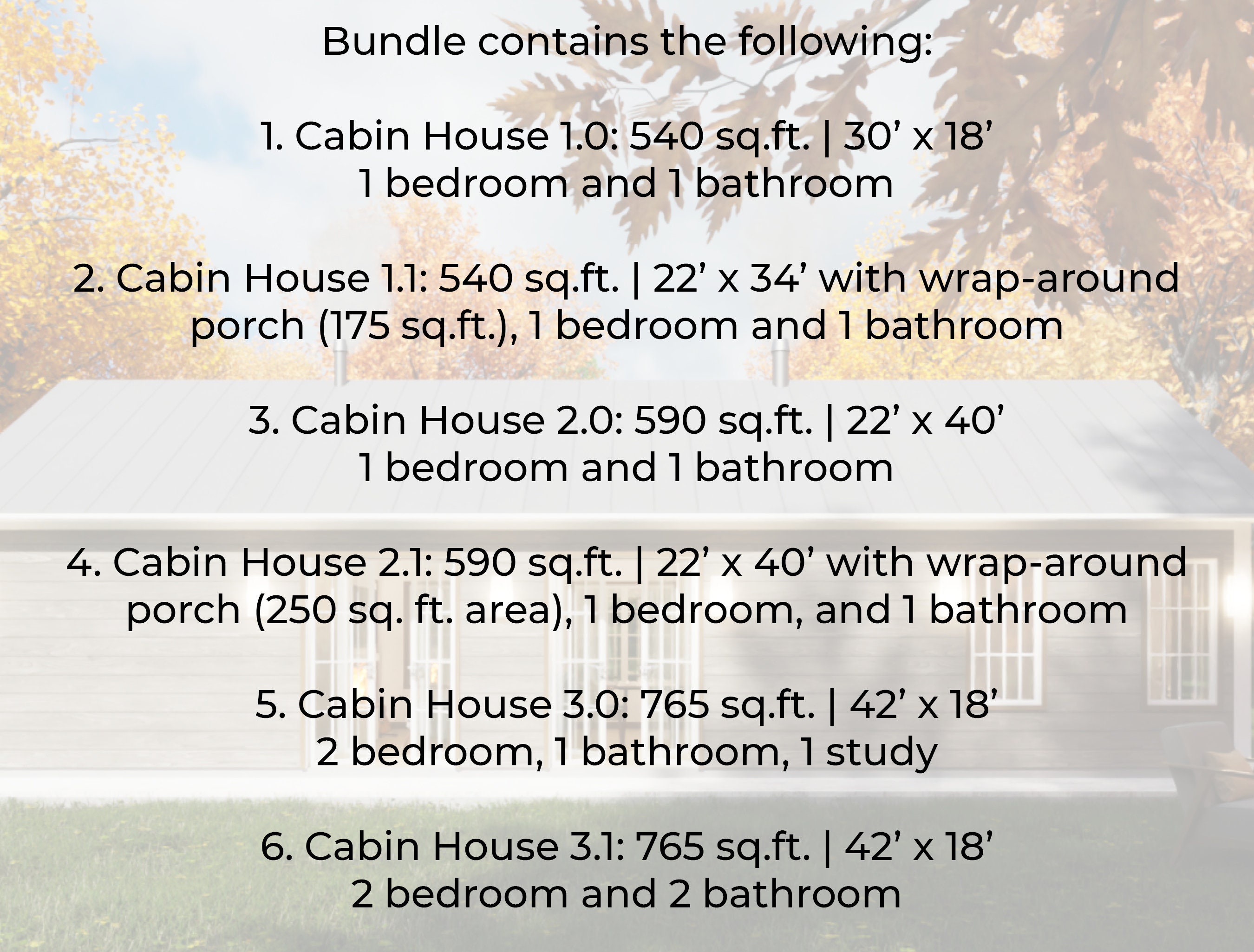 Tiny House Plans Bundle 2 and 1 Bedroom House Plans Materials List, DWG