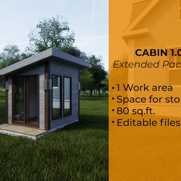 Cabin plans 10' x 8' 80 sq.ft.|Cabin house building plans|Materials list, DWG file,3D Sketchup model included|Cabin 1.0
