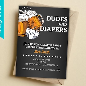 Diaper Party Dudes and Diapers Invitation | Huggies and Chuggies | A Baby Is Brewing | Edit In Canva | Digital File Download | 5x7 | 010