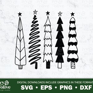May include: Five black and white Christmas tree illustrations with stars on top. The trees are in different styles, including a zig-zag, a wavy, a striped, and a solid tree.