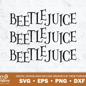 Könnte beinhalten: Drei schwarz-weiße Textgrafiken des Satzes "Beetlejuice", übereinander gestapelt. Der Text ist in einer stilisierten Schriftart.