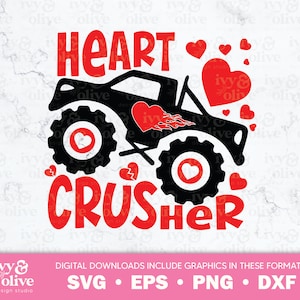 Heart Crusher Monster Truck San Valentino / 213 / Digital File Download / SVG eps png dxf / Boy Valentine