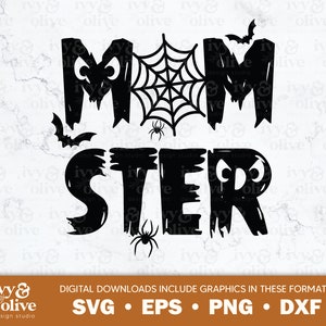 Op de afbeelding: Zwart-wit grafisch ontwerp van het woord "Monster" met een spinnenweb en vleermuizen. De letters zijn gestileerd met gekartelde randen en hebben ogen.