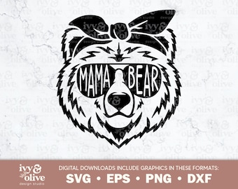 Op de afbeelding: Zwarte en witte silhouet van een beer die een zonnebril draagt met de tekst "Mama Bear" over de glazen. De beer draagt een bandana op zijn hoofd.
