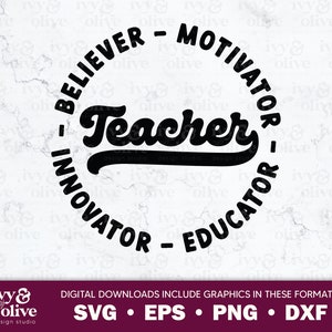 Teacher Believer Motivator Innovator / 136 / Descarga de archivos digitales / SVG EPS PNG dxf / Apreciación del maestro / Cita Svg