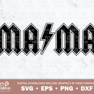 May include: Black and white graphic design of the word "mama" in a heavy metal font with a lightning bolt in between the two words.