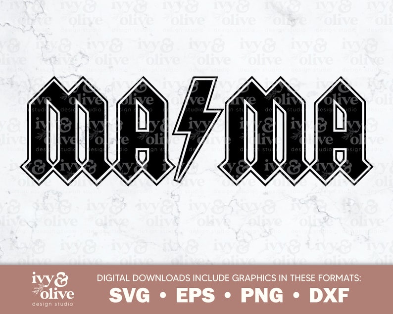 Puede incluir: Dise&ntilde;o gr&aacute;fico en blanco y negro de la palabra "mama" en una fuente de heavy metal con un rayo entre las dos palabras.
