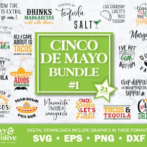 Puede incluir: Un diseño gráfico verde y blanco con el texto "Cinco de Mayo Bundle #1" y 21 diseños. El diseño incluye varias frases relacionadas con el Cinco de Mayo, como "Tequila", "Margaritas", "Tacos" y "Fiesta".