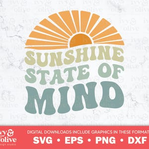 Puede incluir: Un diseño gráfico retro con un sol radiante y el texto "Sunshine State of Mind" en una fuente groovy. Los colores son amarillo, naranja, azul y verde.