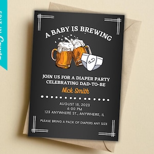 Diaper Party A Baby Is Brewing Invitation | Huggies and Chuggies | New Baby | Edit In Canva | Digital File Download | 5x7 | 009