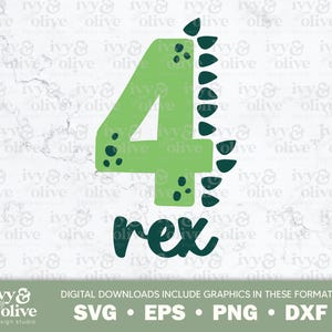 May include: Green number four with black spots and a dinosaur tail, with the word "rex" underneath.  The design is on a white background.