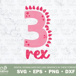 3 Rex Dinosaur Número Rosa Tres / 357 / Descarga de archivos digitales / SVG EPS PNG dxf / Camisa de cumpleaños / Camisas de la familia Dino