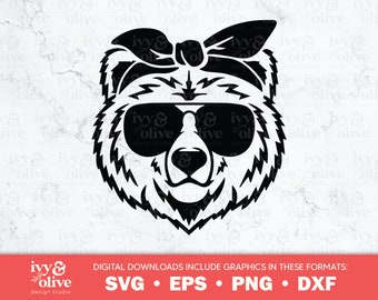 Bear Sunglasses Bandana Bow | 194 | Digital File Download | SVG eps png dxf | Mom Shirts | Bear Family Designs