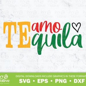 Puede incluir: Una descarga digital de un diseño gráfico con el texto "Te amo Tequila" en letras verdes, rojas, amarillas y negras con un pequeño corazón. El diseño es perfecto para crear manualidades, camisetas, tazas y otros artículos personalizados.