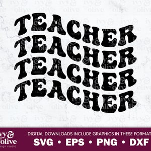 May include: Black and white graphic design of the word "TEACHER" repeated five times in a wavy pattern. The text is in a retro, 1970s style font.