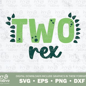 May include: Green and black graphic design with the text "TWO rex" for a dinosaur themed birthday party.