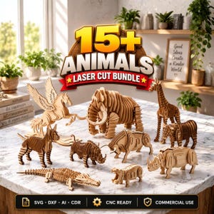 Könnte beinhalten: Eine Sammlung hellbrauner Holzfiguren in Form von Tieren, darunter ein geflügeltes Pferd, ein Mammut, eine Giraffe, ein Hund, ein Nashorn, ein Krokodil und ein Stier. Der Text 15+ ANIMALS LASER CUT BUNDLE steht über den Figuren.