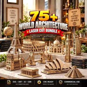 Peut inclure: Une collection de modèles architecturaux en bois découpés au laser, incluant la tour Eiffel, le Colisée, le Taj Mahal, Big Ben, le Burj Al Arab, Notre-Dame, Tower Bridge, l'opéra de Sydney et une pyramide, posés sur une surface en marbre.