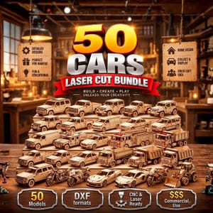Peut inclure: Un graphique numérique affichant le texte 50 CARS LASER CUT BUNDLE, présentant une collection de modèles réduits de véhicules en bois, incluant des camions, voitures, motos et engins de chantier disposés sur des étagères en bois pour la découpe laser.