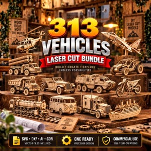 May include: A digital collection of 313 laser cut vehicle models including a helicopter, jet, truck, motorcycle, train, and ship. The bundle features SVG, DXF, AI, and CDR vector files for CNC machines, presented with text labels on a wooden display.