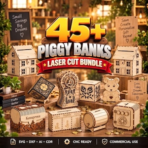 Peut inclure: Une collection de tirelires en bois découpées au laser de formes variées, incluant des maisons, un tonneau, un coffre-fort et un ours. L'image contient le texte 45+ PIGGY BANKS LASER CUT BUNDLE, SVG, DXF, AI, CDR, CNC READY, COMMERCIAL USE.