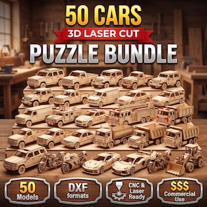 Puede incluir: Una colección de 50 modelos de vehículos de madera cortados con láser, incluyendo coches, camiones, motocicletas y maquinaria de construcción. La imagen incluye el texto 50 CARS 3D LASER CUT PUZZLE BUNDLE, 50 Models, DXF formats, CNC & Laser Ready y Commercial Use.
