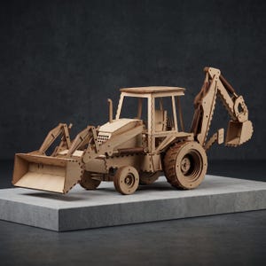 May include: A light brown wooden model of a backhoe loader construction vehicle. The model features a front loader bucket, a rear excavator arm with a bucket, a cabin with a seat, and large textured wheels, all assembled from interlocking wood pieces.