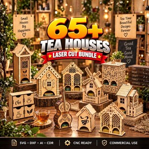Pode incluir: Uma coleção de casas de chá e estruturas de madeira cortadas a laser em várias formas, incluindo um moinho, um violino e pequenas cabanas. A exibição apresenta o texto 65+ TEA HOUSES LASER CUT BUNDLE, Small Houses Big Happiness e Tea Time Beautiful Designs Forever.