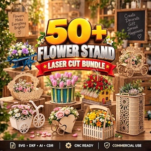 Può includere: Un grafico digitale che mostra un pacchetto di taglio laser per oltre 50 supporti per fiori con vari design in legno, tra cui una bicicletta, una carrozza e un supporto a forma di cuore, pieni di composizioni floreali colorate.