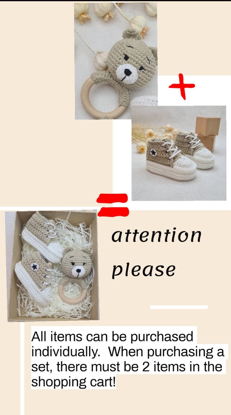 Hochet bébé/chaussures tricotées, jouets pour bébés, cadeau bébé, anneau de préhension, anneau de dentition, hochet au crochet, jouet en bois, cadeau de naissance, baby shower image 6