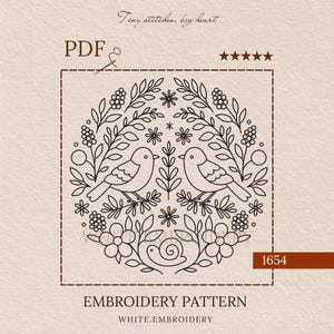 May include: An embroidery pattern in PDF format. The design is a circular arrangement of birds, flowers, and leaves, with the text "Tiny stitches, big heart." The text "EMBROIDERY PATTERN" is also included. The design is in black on a beige background.