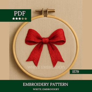 Puede incluir: Un patrón de bordado con un lazo rojo brillante, centrado en un bastidor de bordado de madera. El texto "WHITE EMBROIDERY" es visible. La imagen también incluye el texto "PDF" y "EMBROIDERY PATTERN".