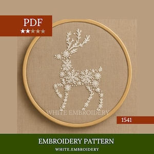 Puede incluir: Diseño de ciervo bordado en blanco sobre tela beige, enmarcado en un aro de madera. El patrón de bordado es una descarga PDF. Los textos "WHITE EMBROIDERY" y "EMBROIDERY PATTERN" son visibles. El número "1541" también está presente.