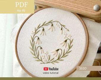 Patrón de bordado de campanillas de invierno paso a paso, diseños de flores bordadas a mano, patrón de corona botánica, diseño de bordado floral para principiantes /1610