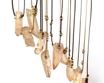 Gold Quartz Crystal Stone Beaded Pendant Necklace