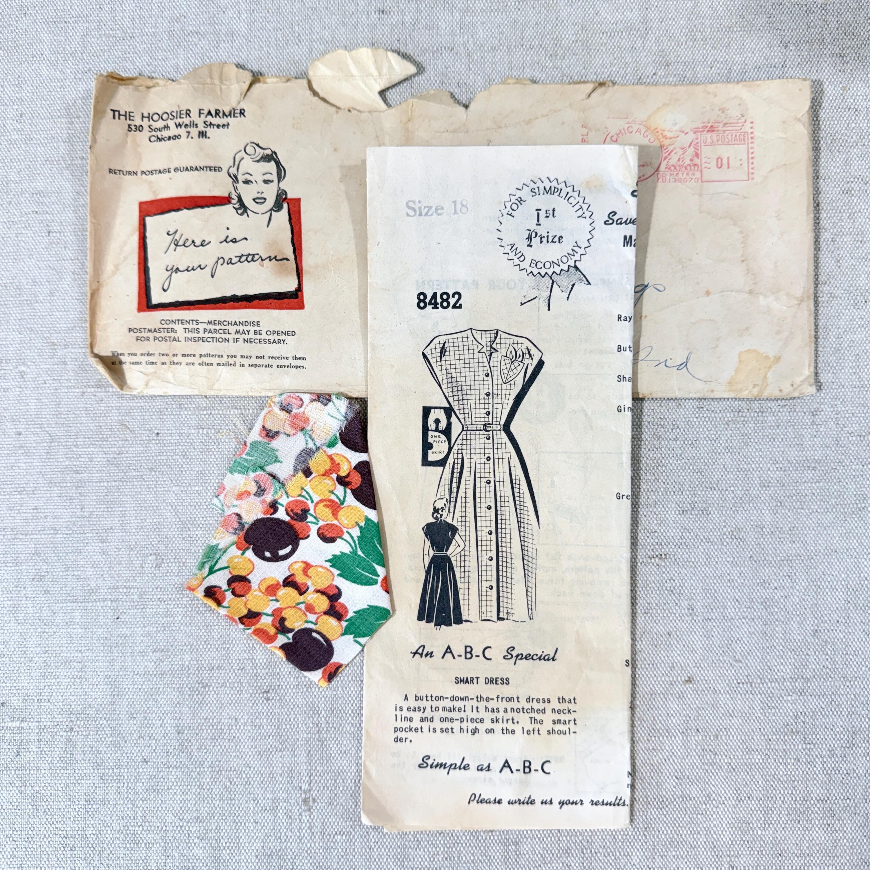 Hoosier Farmer 8482 1940s Dress Sewing Pattern Size 18 Bust 36 Button ...