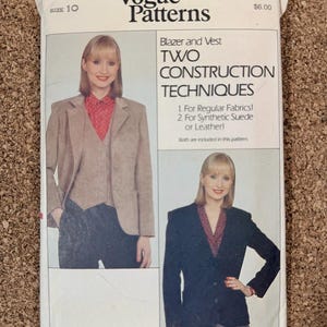 May include: Vogue Patterns sewing pattern for a blazer and vest, size 10. The package features images of a woman wearing the blazer and vest. The pattern includes two construction techniques for regular fabrics and synthetic suede or leather.