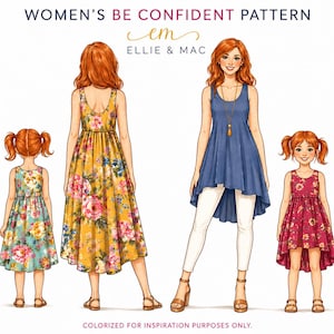 May include: Illustration of a woman and child wearing dresses. The woman is wearing a blue top and white pants. The child is wearing a red dress. The text at the top says "WOMEN'S BE CONFIDENT PATTERN".