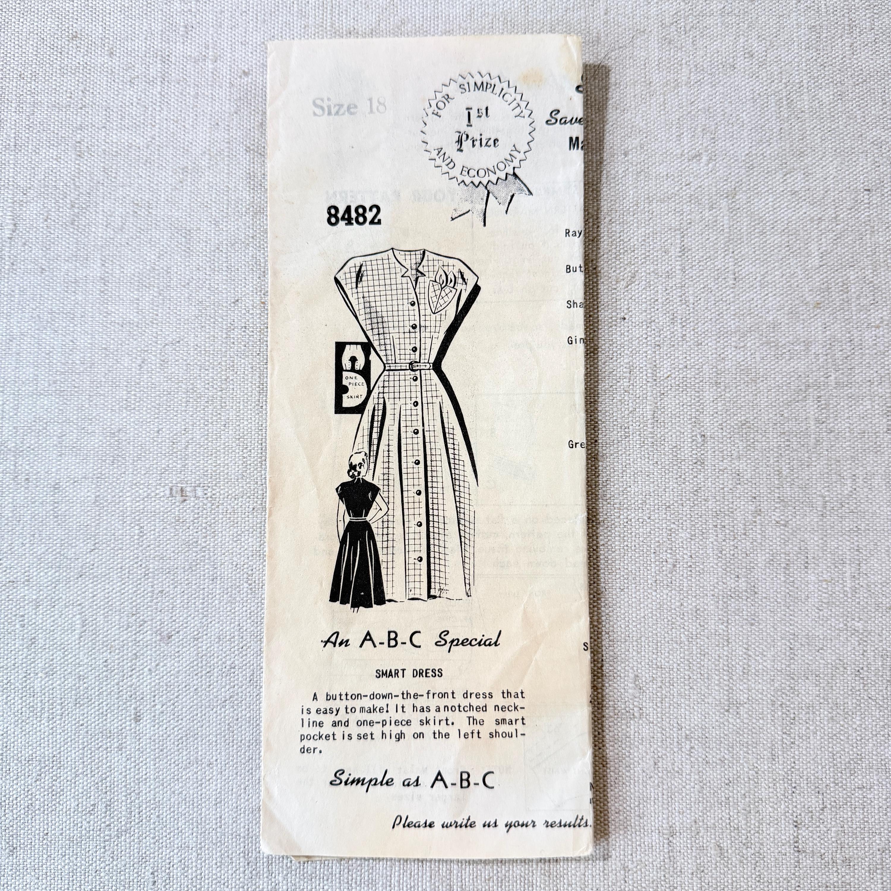 Hoosier Farmer 8482 1940s Dress Sewing Pattern Size 18 Bust 36 Button ...