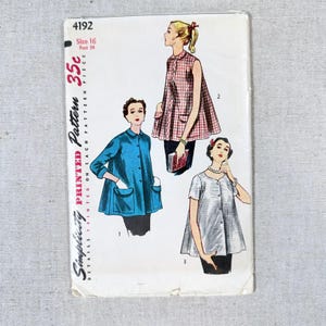 May include: Vintage Simplicity sewing pattern, number 4192, featuring illustrations of three different jacket styles. The pattern includes a size 16 with a bust measurement of 34 inches. The cover is off-white with red and black text.
