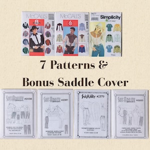 May include: A collection of seven sewing patterns including three McCall's and Simplicity envelopes featuring western-style shirts and four SuitAbility envelopes for equestrian apparel, with the text 7 Patterns & Bonus Saddle Cover displayed.