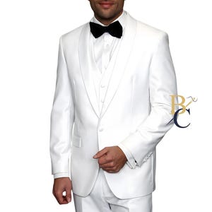 Men's White Tuxedo Suit 3-Piece Groom Suit with Shawl Lapel Custom Tailored Terry Rayon Wedding Tux.