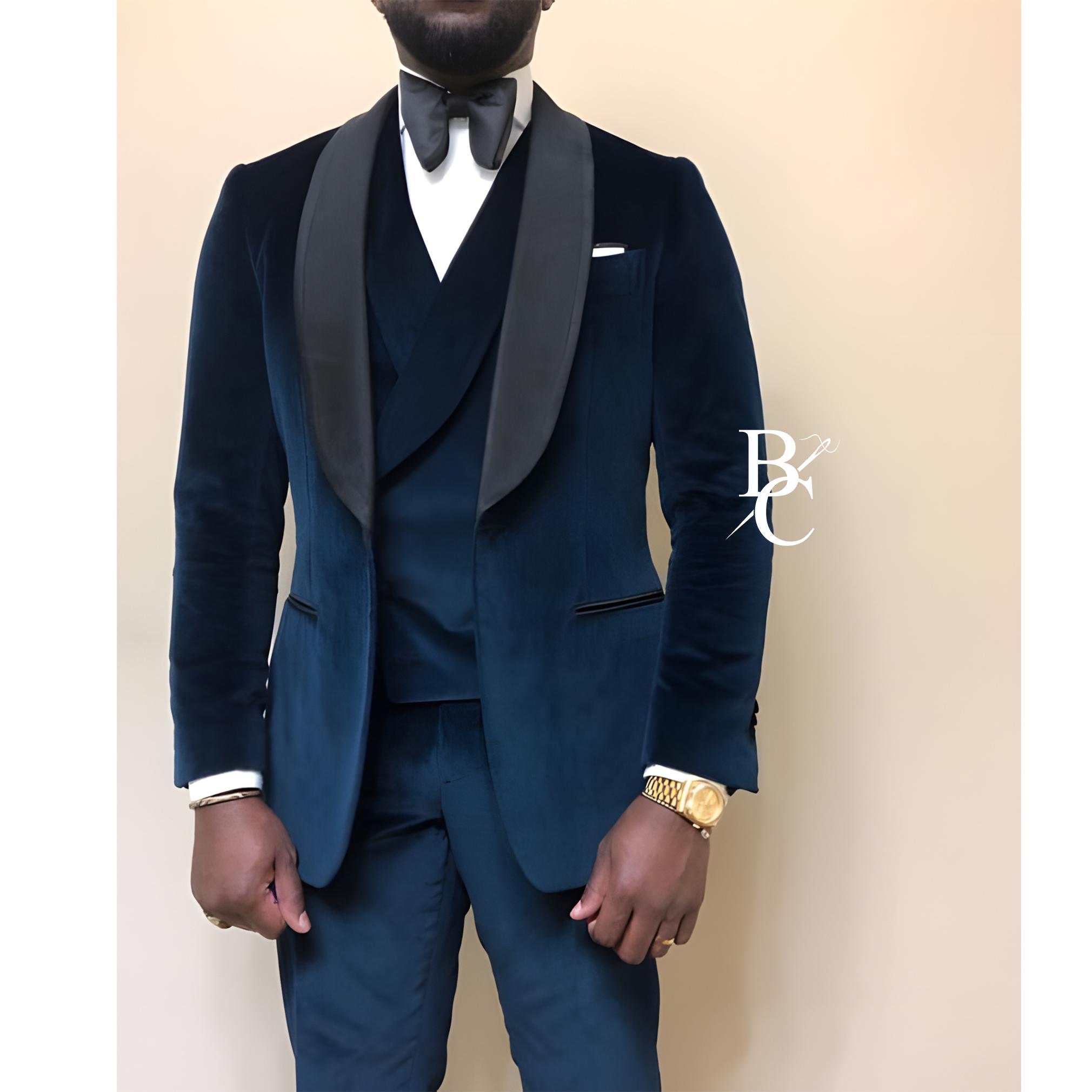 Navy Blue Velvet Tuxedo Suit: 3-Piece Shawl Collar Formal Wear