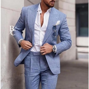 Men's Premium Light Blue Linen Suit – 2 Piece (Blazer & Trousers).