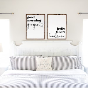 Good Morning Gorgeous | Hello there Handsome Framed Canvas Signs | Wall Decor | Set of 2 Framed Canvas Signs | Bedroom Wall Decor Signs