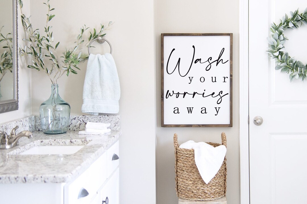 Wash Your Worries Away Bathroom Sign | Framed Canvas Sign | Bathroom ...